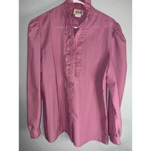 Vintage Lucky Me Mauve Pink Ruffle Neck Pintuck Blouse Long Sleeve Size 38